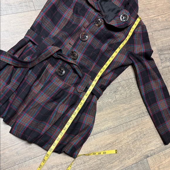 Funky Plaid Women's Plaid Wool Blend Trench Pleated Bottom Pea Coat Large Button - Picture 7 of 9